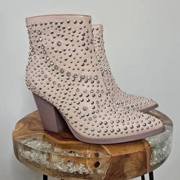 New Corkys Line Dance Blush Pink Studded Crystal Western Ankle Boots - Picture 2 of 9